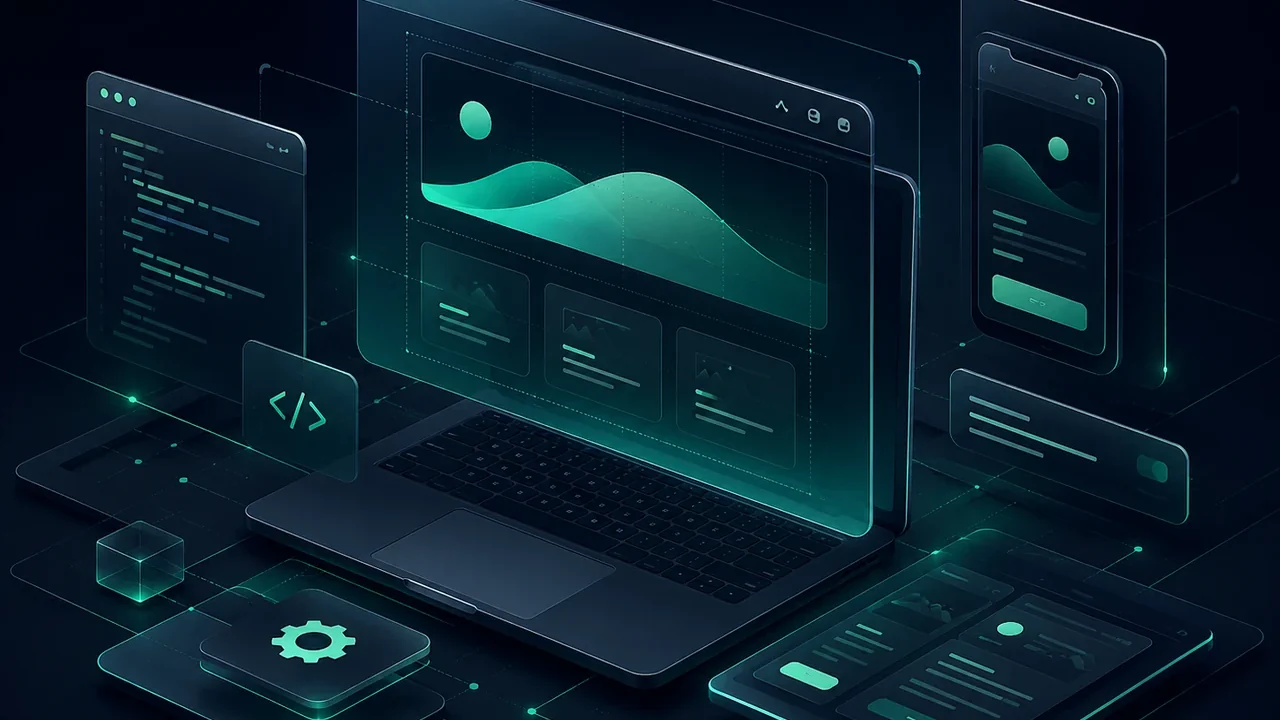 SaaS platform represented by connected web interfaces, modules and management dashboards