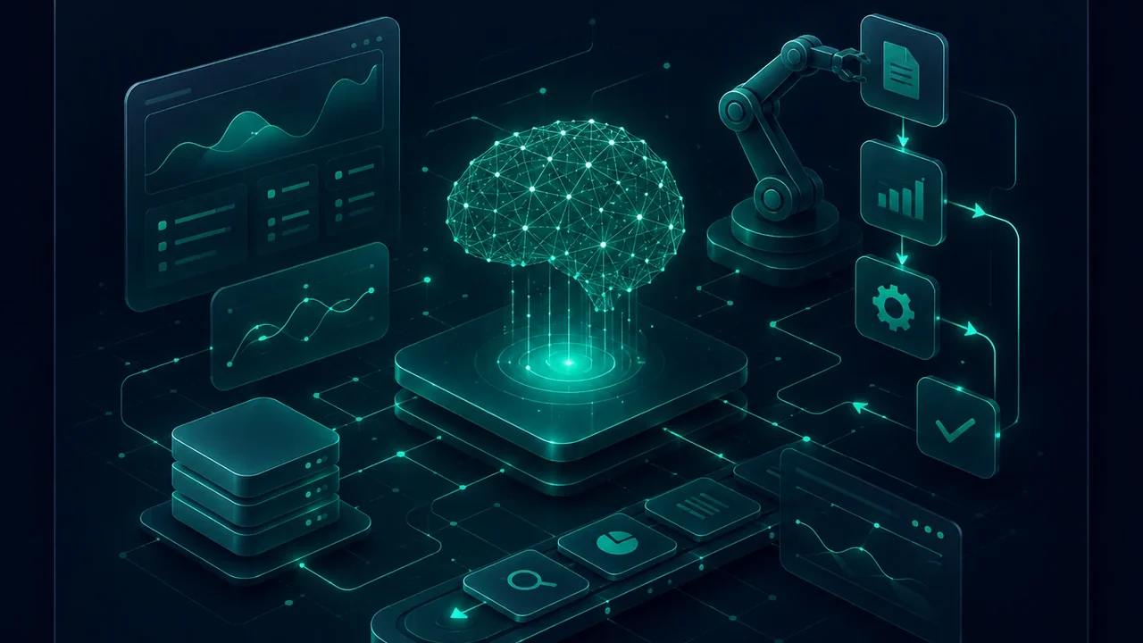 3D illustration of artificial intelligence and automation with neural network, workflows, data and automated processes