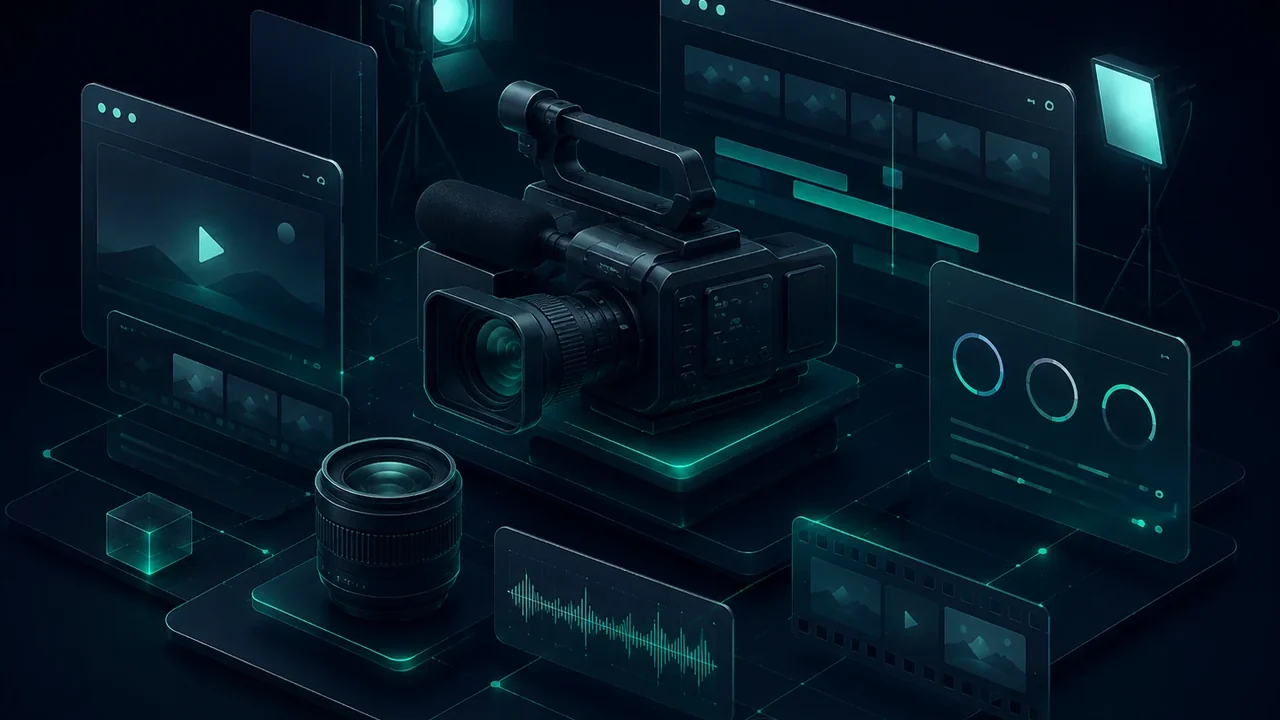 3D illustration of audiovisual production with professional camera, lighting, editing, audio and timeline