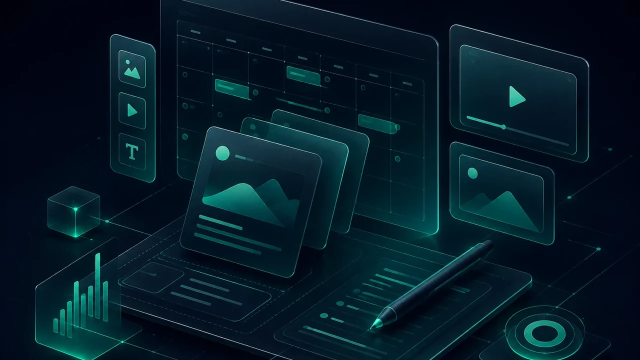 3D illustration of content production with calendar, multimedia assets, creative panels and editorial tools