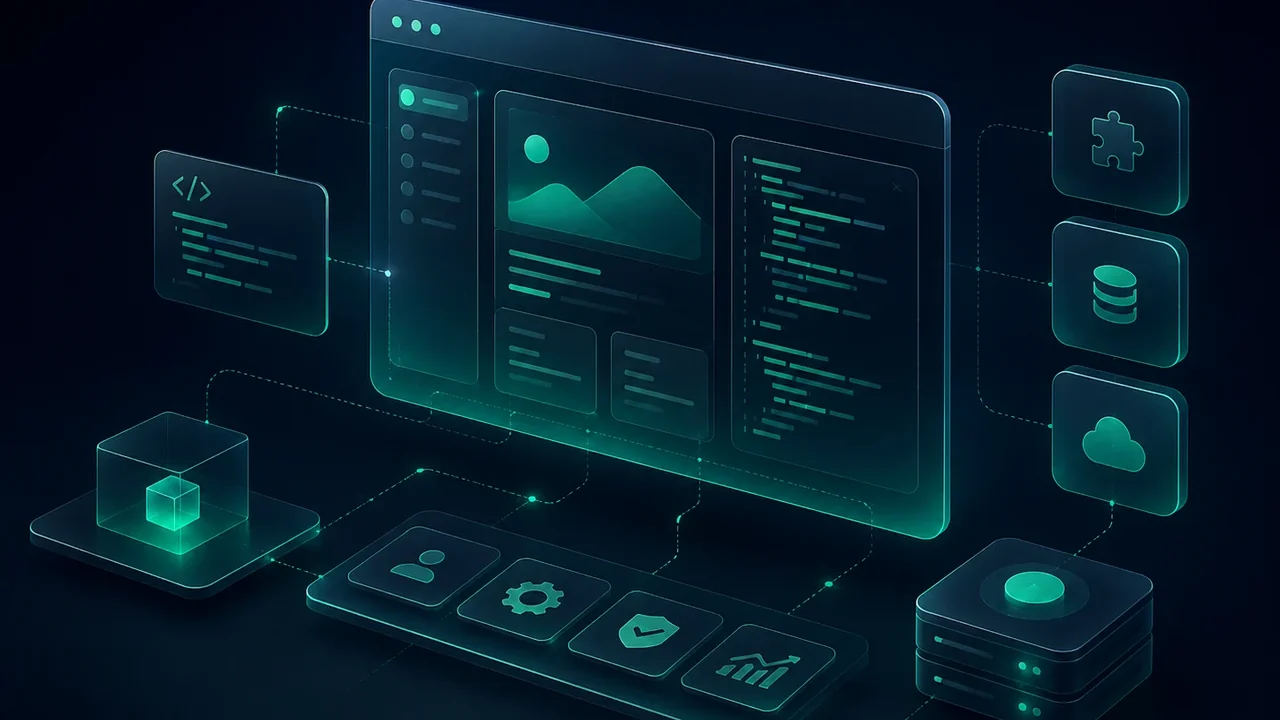 3D illustration of custom software with modules, code, database, cloud and business integrations