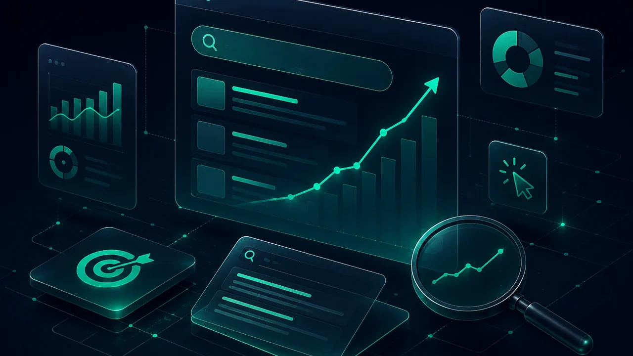 3D illustration of SEO and SEM with search interface, metrics, rankings, analytics and growth trend