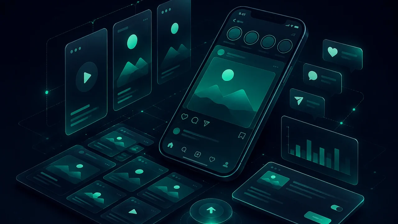 3D illustration of social media content with smartphone, posts, vertical formats and analytics